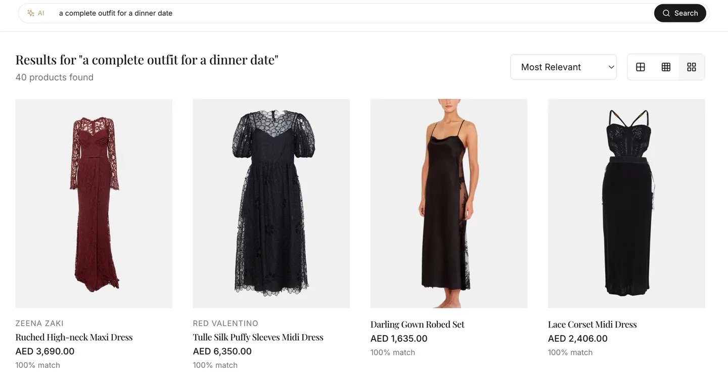 Live search results for “a complete outfit for a dinner date” on the demo storefront: 40 products, dresses first